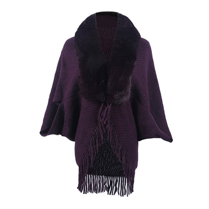 Drizzling Fur Collar Knitted Tassel Cape Coat Women