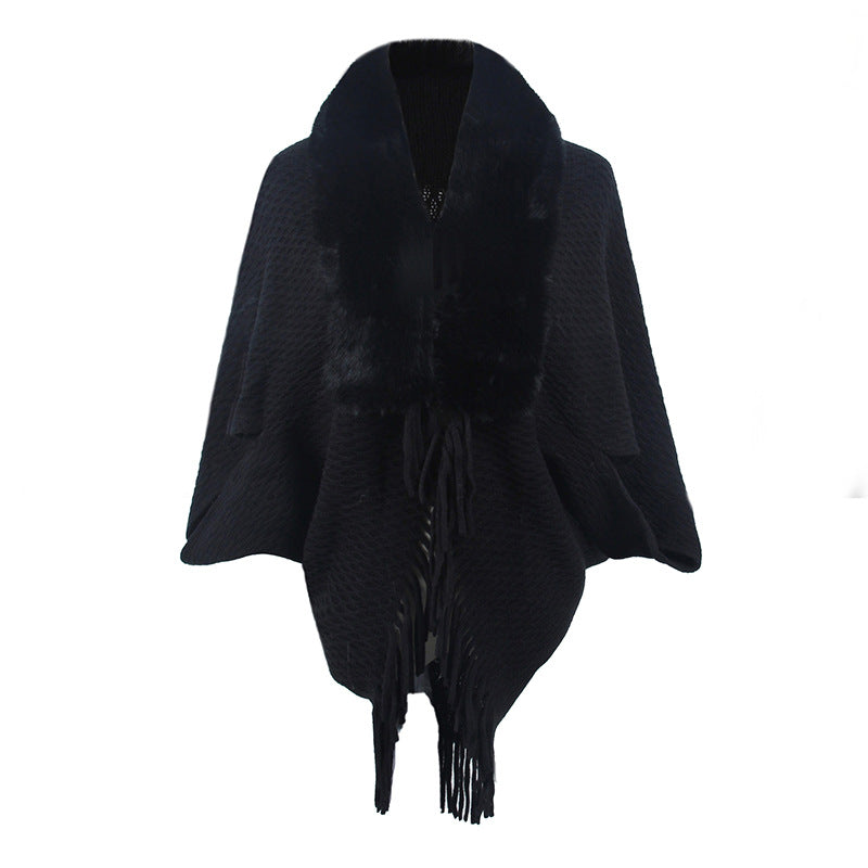 Drizzling Fur Collar Knitted Tassel Cape Coat Women