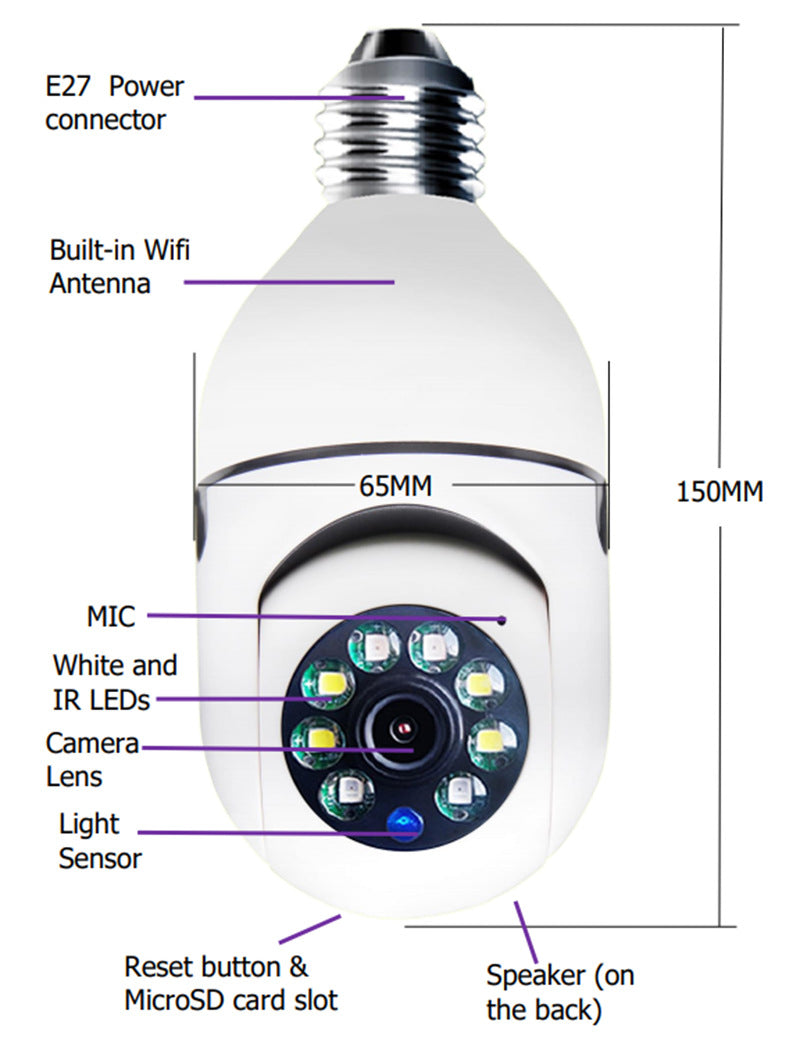 CÁMARA WiFi 1080P Bombilla Zoom 4X Cámara E27 Hogar 5GWiFi Monitor de alarma