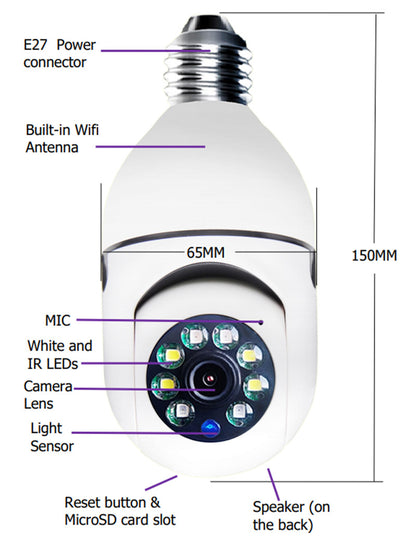 CÁMARA WiFi 1080P Bombilla Zoom 4X Cámara E27 Hogar 5GWiFi Monitor de alarma