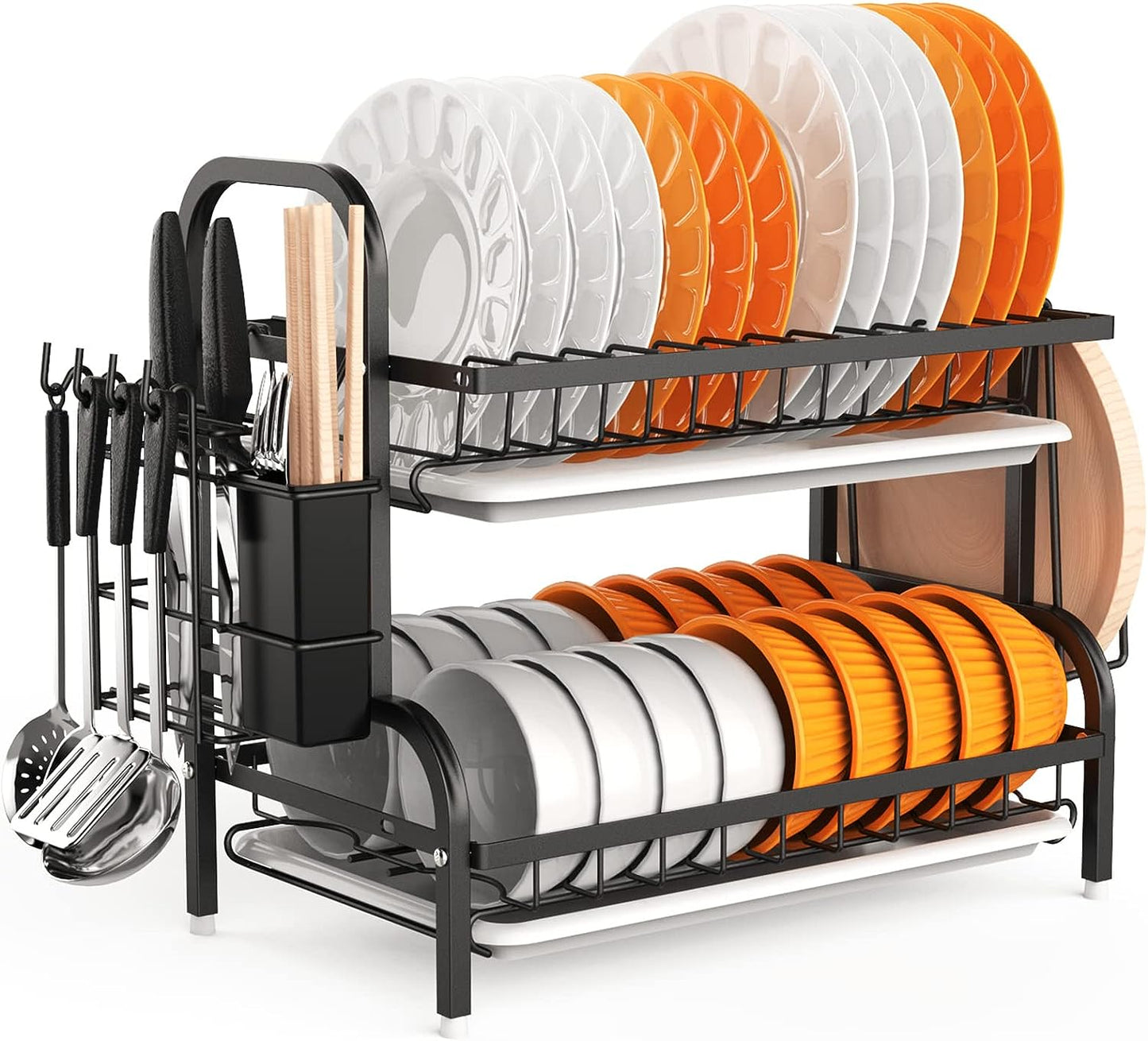 Rack de secagem de pratos, racks de pratos de 2 camadas para balcão de cozinha, escorredor de pratos de pia com escorredor, suporte para utensílios e suporte para tábua de corte, rack de secagem de cozinha em aço inoxidável-preto