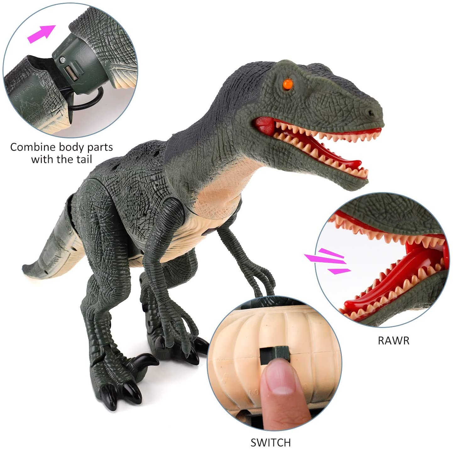 Brinquedo de dinossauro rc com controle remoto e cabeça balançando, olhos iluminados e sons, velociraptor, presente para crianças