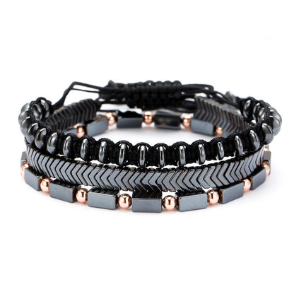 Men's Bracelet Black Iron Stone  Three Sets Of Bracelets