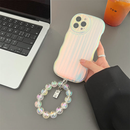 Onda laser silicone caso de telefone gradiente listras laser pulseira caso para iphone 14 13 12 11 pro max mais grânulo corrente