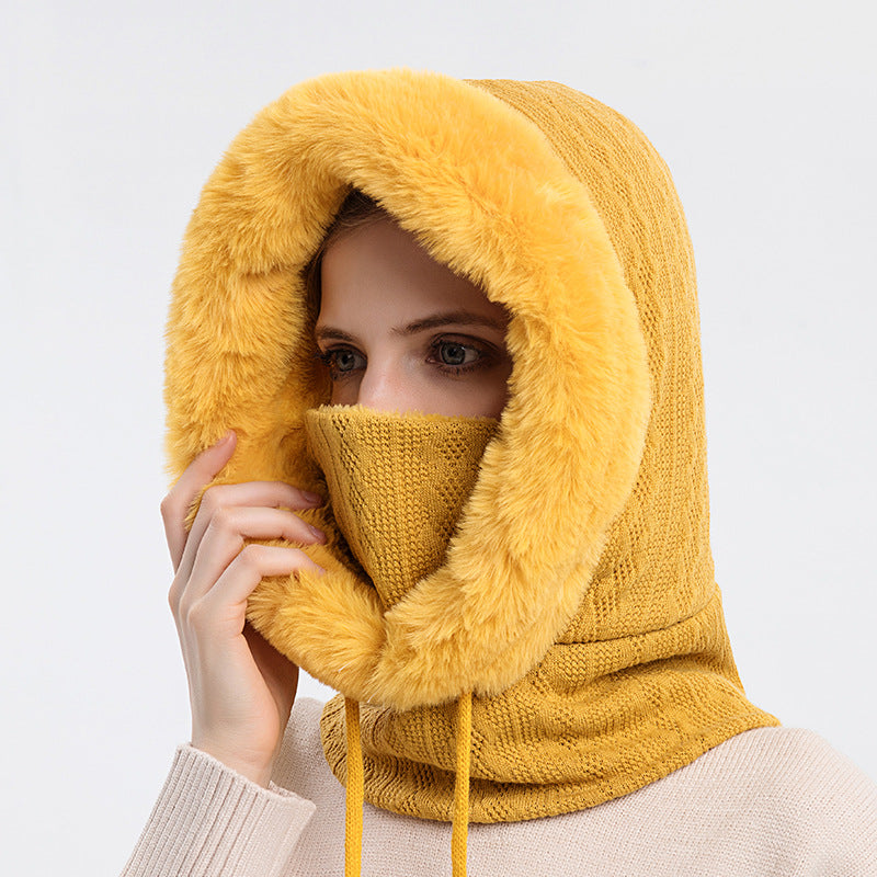 Gorro de felpa grueso de invierno con bufanda, gorros de punto cálidos a prueba de viento con capucha para mujer