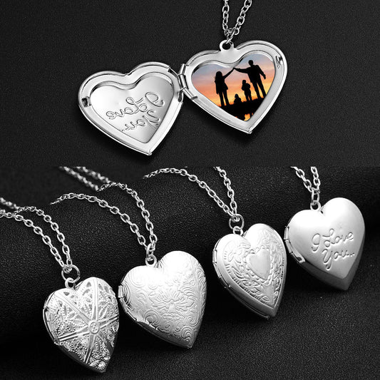 Carved Design Love Necklace Personalized Heart-shaped Photo Frame Pendant