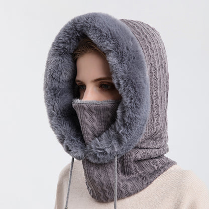 Gorro de felpa grueso de invierno con bufanda, gorros de punto cálidos a prueba de viento con capucha para mujer