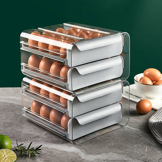 Caja de huevos transparente de doble capa y 32 rejillas tipo cajón de cocina