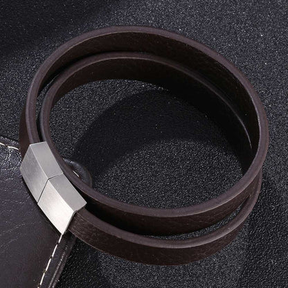 Pulseira de couro trançado masculino de couro de aço inoxidável