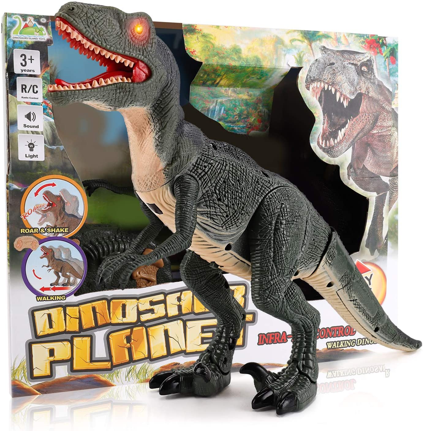 Brinquedo de dinossauro rc com controle remoto e cabeça balançando, olhos iluminados e sons, velociraptor, presente para crianças