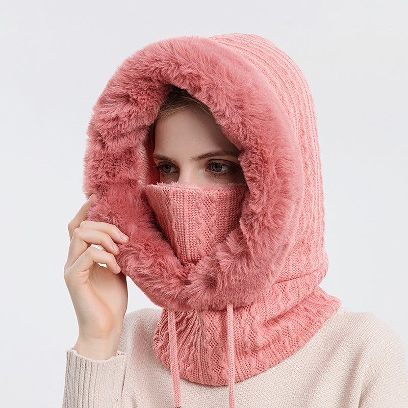 Gorro de felpa grueso de invierno con bufanda, gorros de punto cálidos a prueba de viento con capucha para mujer