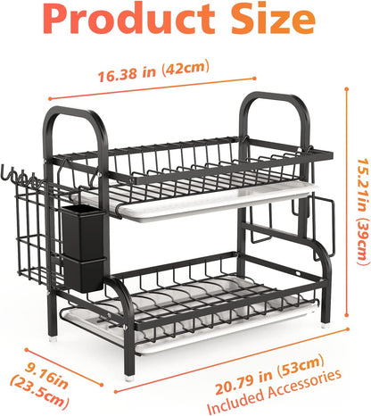 Rack de secagem de pratos, racks de pratos de 2 camadas para balcão de cozinha, escorredor de pratos de pia com escorredor, suporte para utensílios e suporte para tábua de corte, rack de secagem de cozinha em aço inoxidável-preto