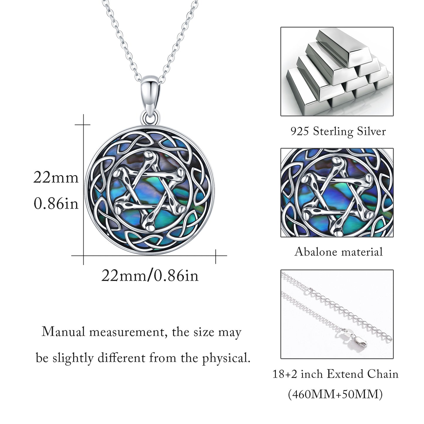 Celtic Knot Necklace 925 Sterling Silver Abalone Star of David Pendant Necklace for Women Jewish Amulet Jewellery Accessory