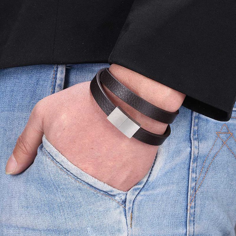 Pulseira de couro trançado masculino de couro de aço inoxidável