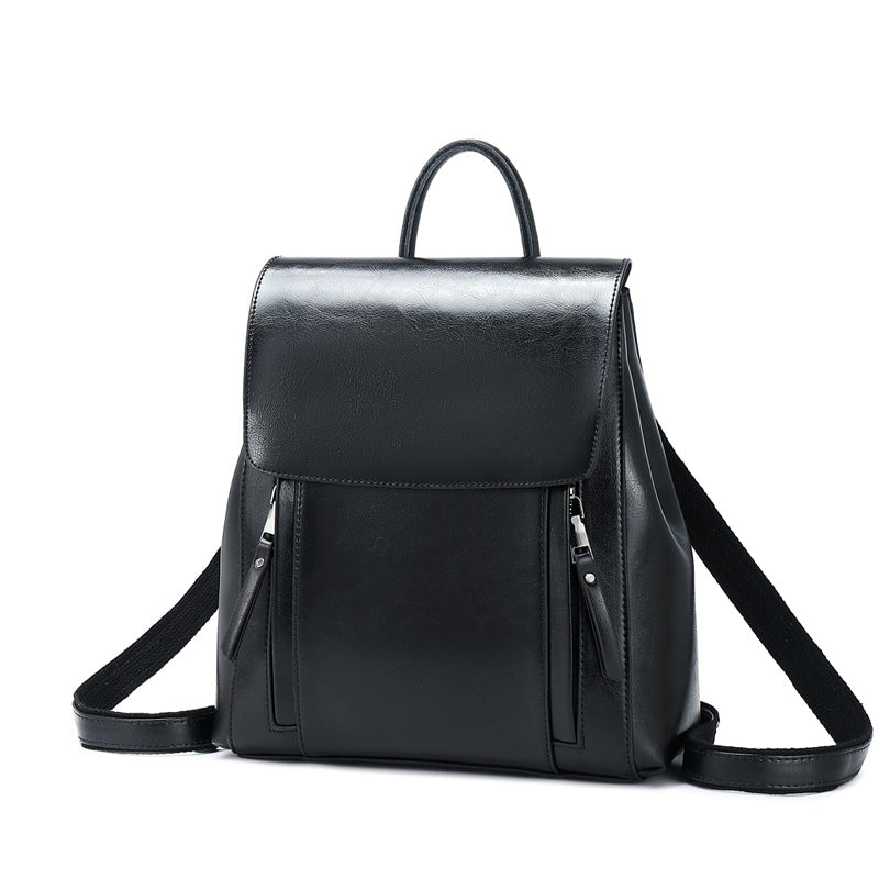 Genuine Leather Handbags Fashion Oil Wax Cowhide Backpack Ladies School Bag