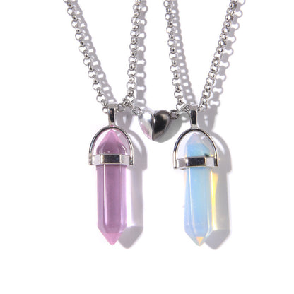 Fashion Jewelry Love Magnetic Buckle Natural Hexagon Pillar Rough Stone Pendant Necklace Women