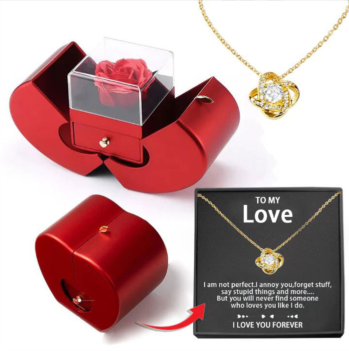 Fashion Red Apple jewelry Box+Necklace With Artificial Rose Flower