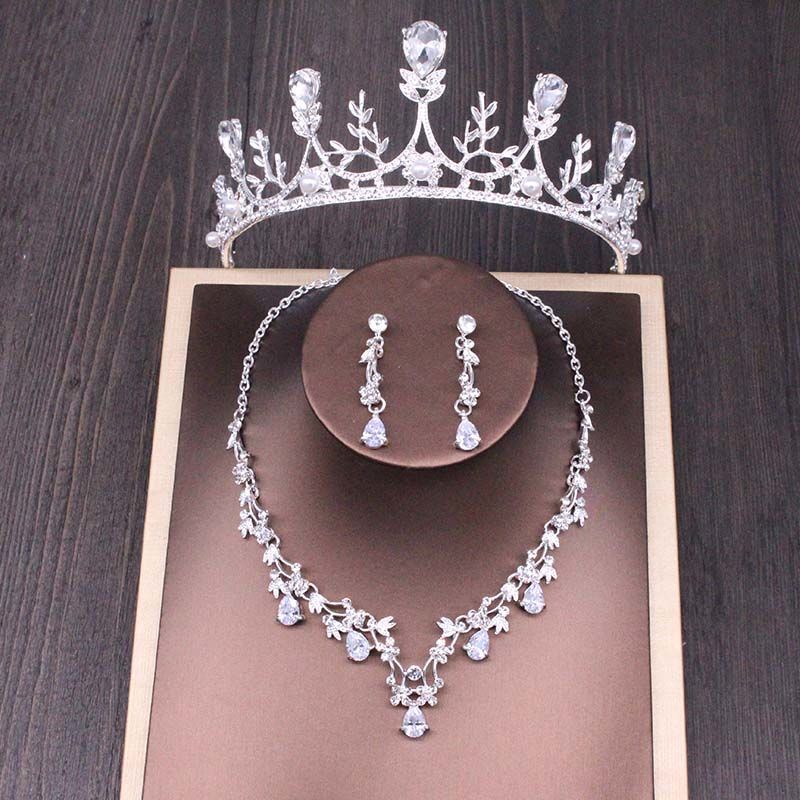 Conjunto de colar de coroa de strass nupcial acessórios de casamento