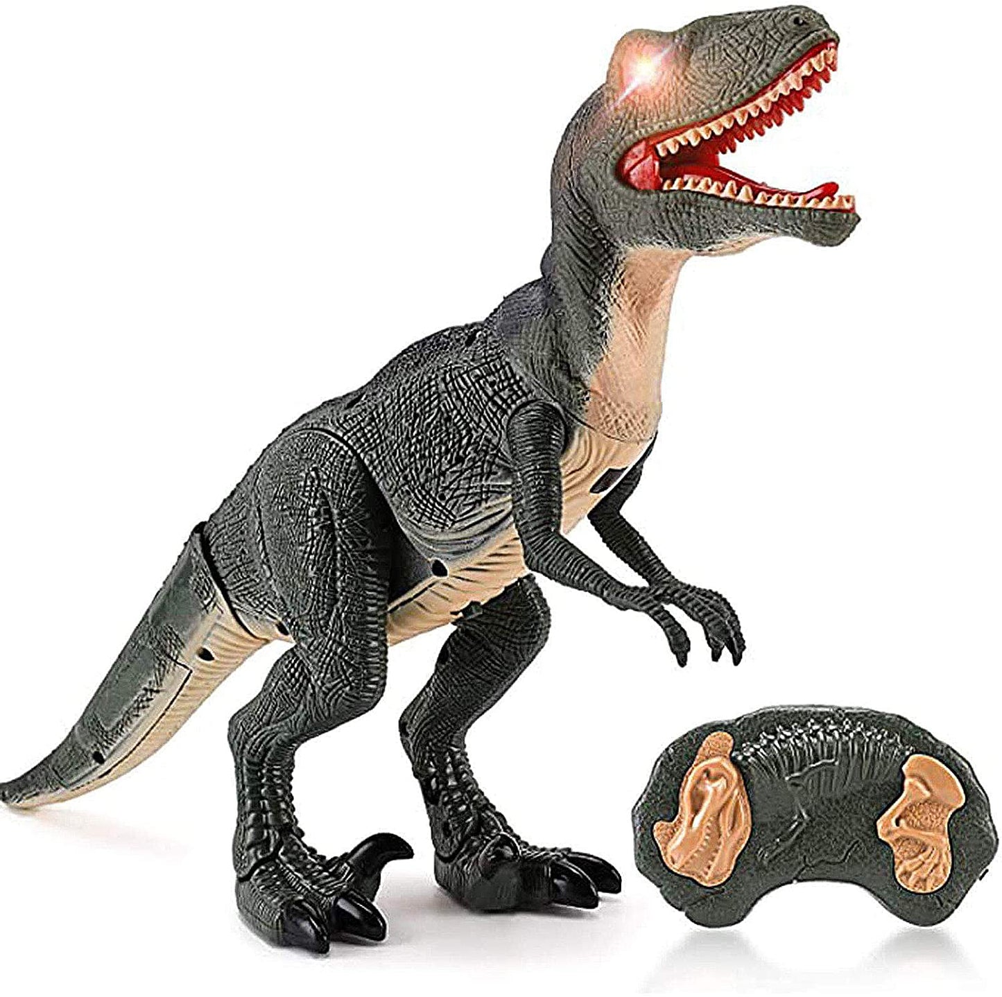 Brinquedo de dinossauro rc com controle remoto e cabeça balançando, olhos iluminados e sons, velociraptor, presente para crianças