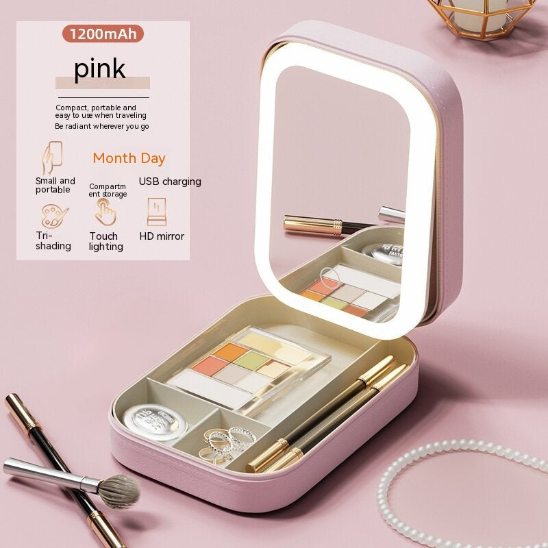 Caja de almacenaje para maquillaje con espejo de luz LED, caja de almacenamiento portátil para cosméticos y maquillaje de viaje, organizador de almacenamiento con luz táctil