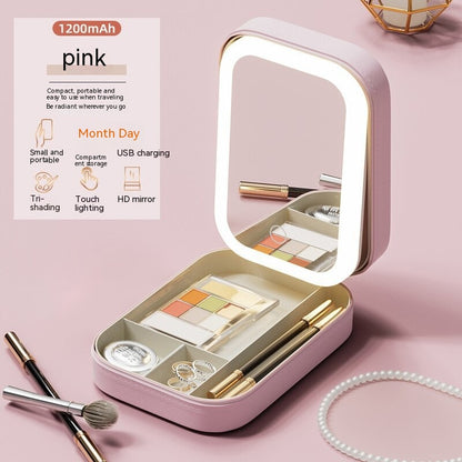 Makeup Storage Box With LED Light Mirror, Portable Travel Makeup Cosmetics Storage Box, Touch Light Storage Organizer