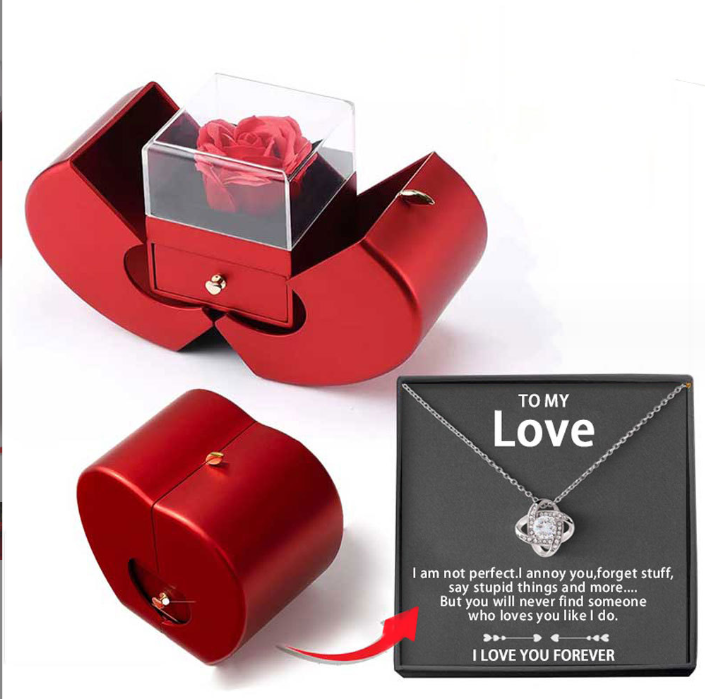 Fashion Red Apple jewelry Box+Necklace With Artificial Rose Flower