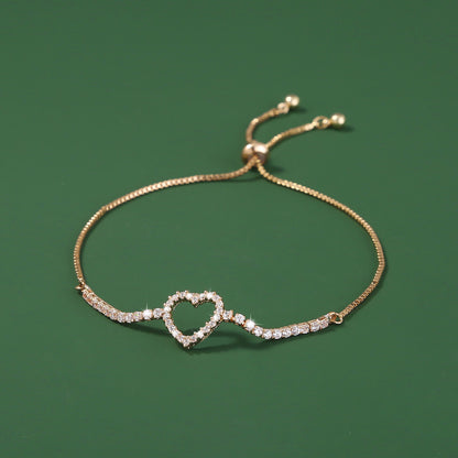 Gold Open Heart Brass Micro-Set Zircon Pendant Shrink-Pull Brass Bead Bracelet