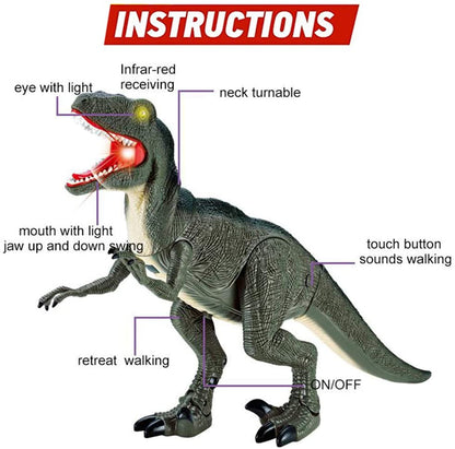 Juguete de dinosaurio que camina con Control remoto RC con cabeza temblorosa, ojos y sonidos iluminados, Velociraptor, regalo para niños