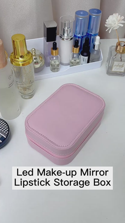 Makeup Storage Box With LED Light Mirror, Portable Travel Makeup Cosmetics Storage Box, Touch Light Storage Organizer