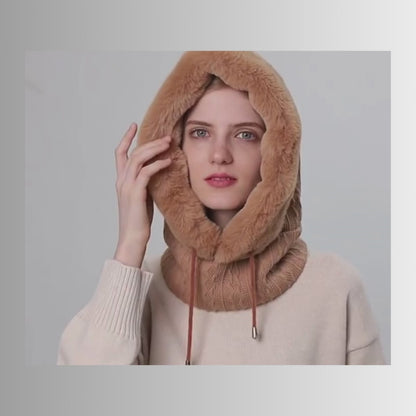 Gorro de felpa grueso de invierno con bufanda, gorros de punto cálidos a prueba de viento con capucha para mujer